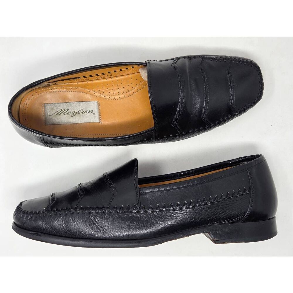 MEZLAN BLACK DEERSKIN LEATHER EMBELLISHED MOC TOE LOAFER MENS SIZE 9.5 M